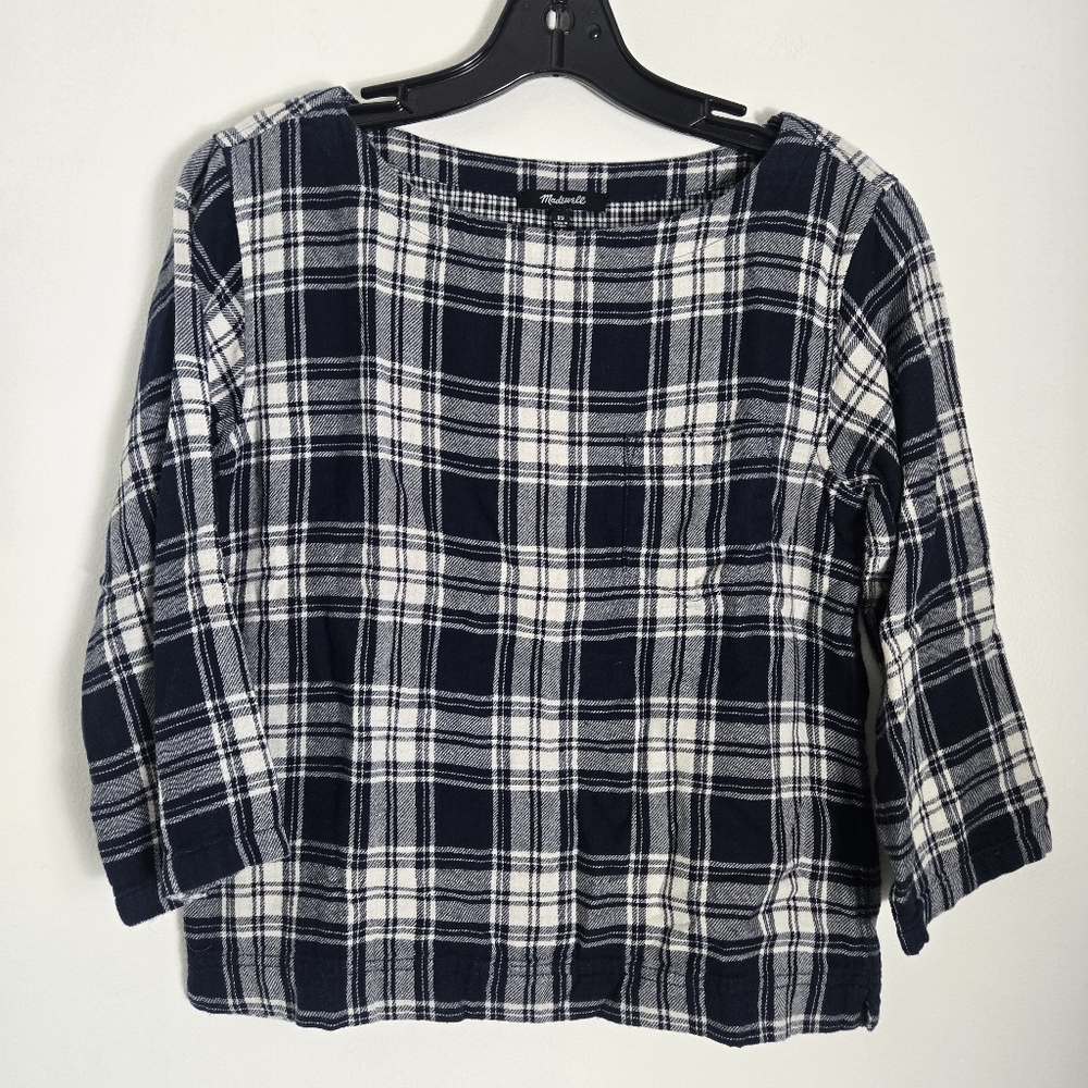 Madewell Navy White Plaid 3/4 Sleeves Top Blouse - Picture 4 of 8